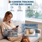 Woman using a smartphone with AI camera tracking litter box usage interface.