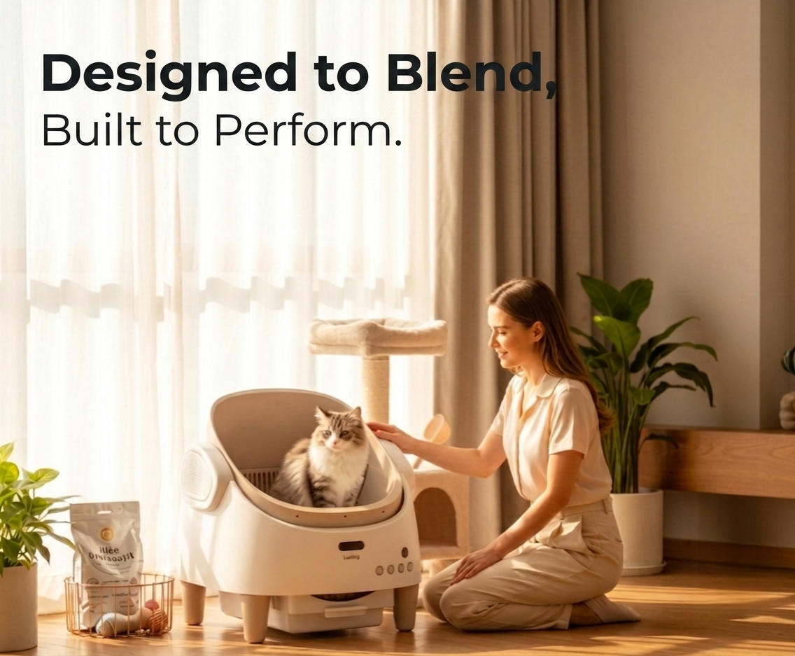Woman interacting with a cat in a modern living room setting with text 'Designed to Blend, Built to Perform'.