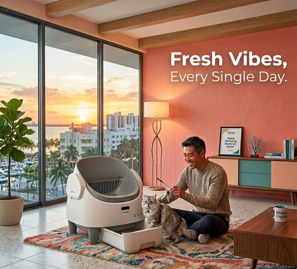 Man with a cat interacting with a pet product in a modern living room with a scenic view.