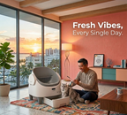Man with a cat interacting with a pet product in a modern living room with a scenic view.