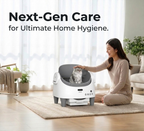 Woman interacting with a pet grooming machine in a home setting, with text 'Next-Gen Care for Ultimate Home Hygiene'.