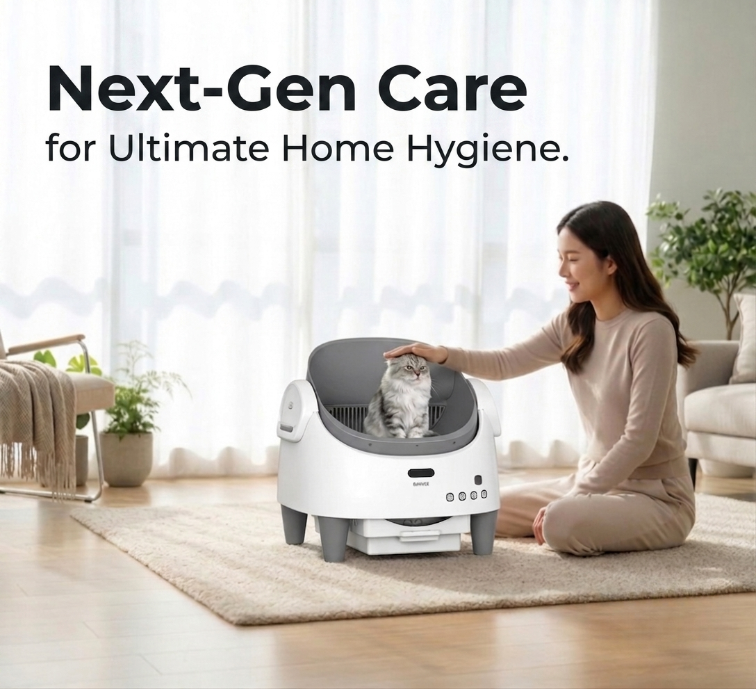 Woman interacting with a pet grooming machine in a home setting, with text 'Next-Gen Care for Ultimate Home Hygiene'.