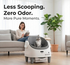 Pet litter box with a cat inside in a living room setting, featuring text about less scooping and zero odor.