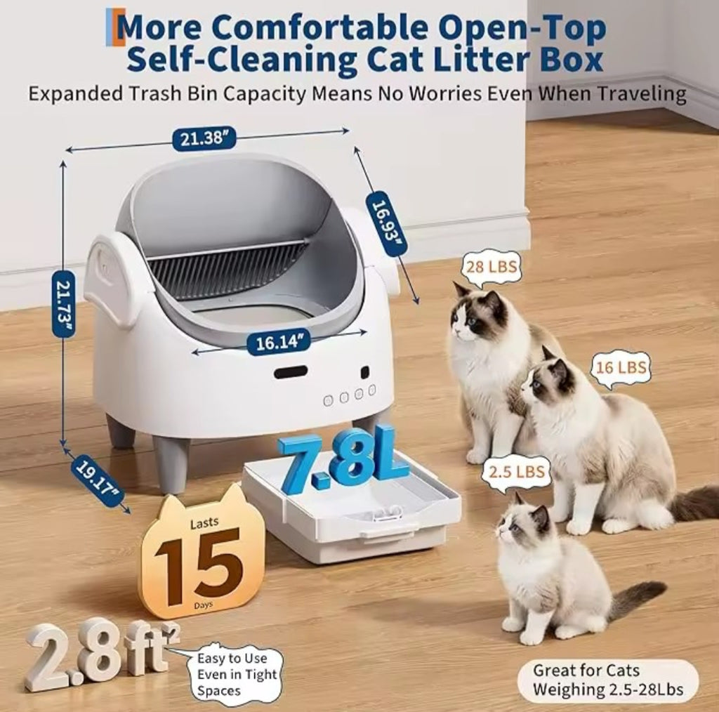 Self-cleaning cat litter box with cats on a wooden floor, showing features and dimensions.