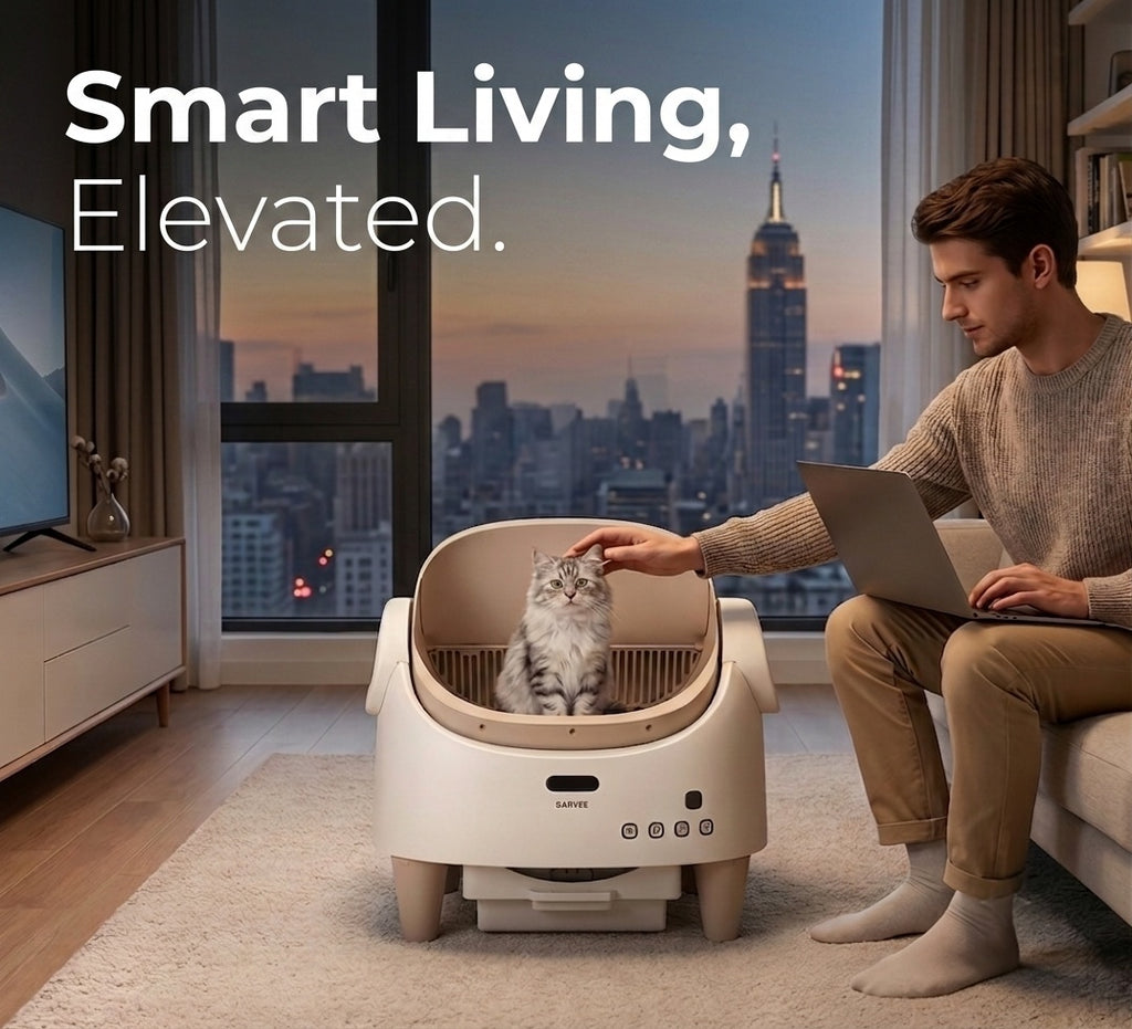 Person interacting with a cat in a modern living room with a cityscape view.