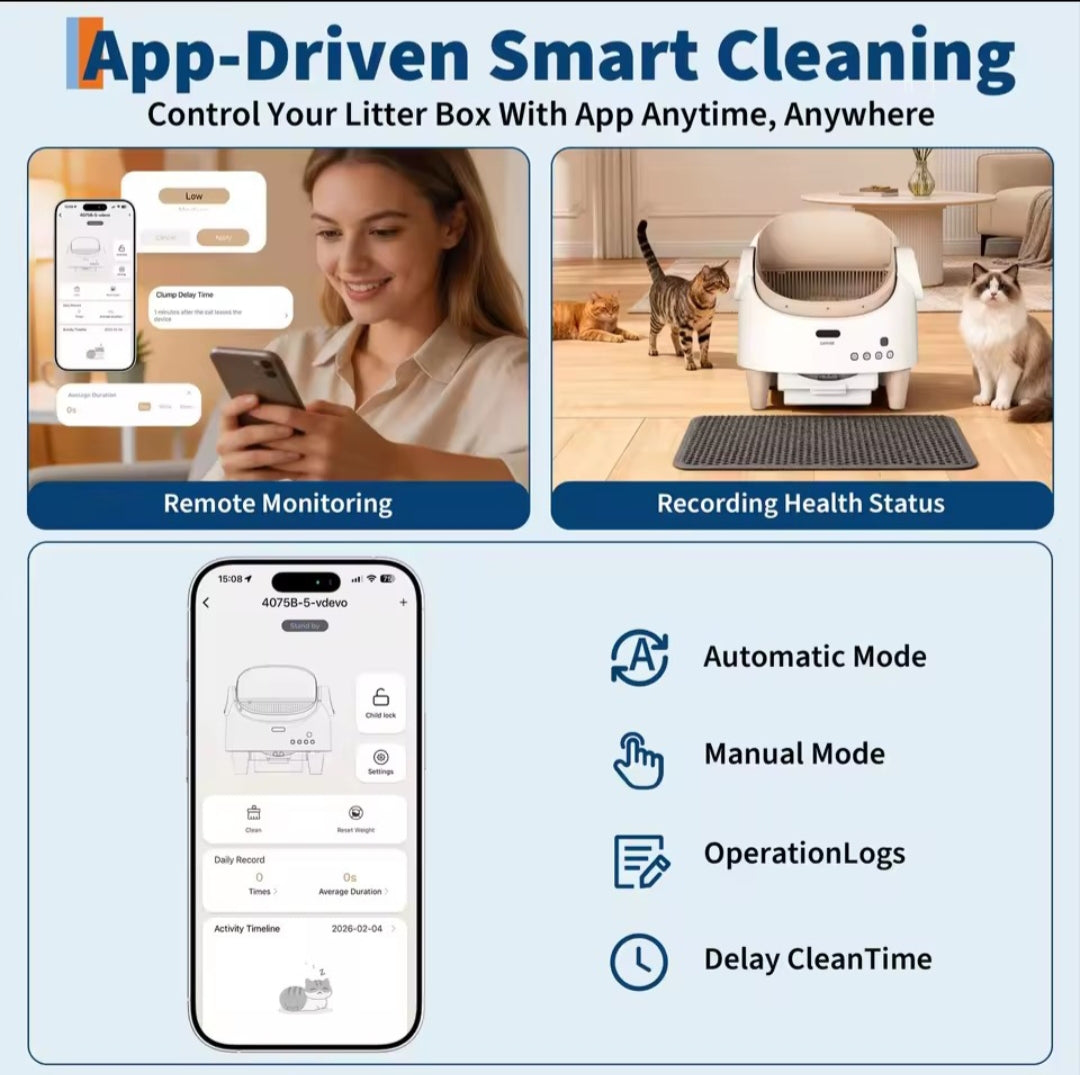 Smart cleaning system with app control for a litter box, showing remote monitoring and health status recording.