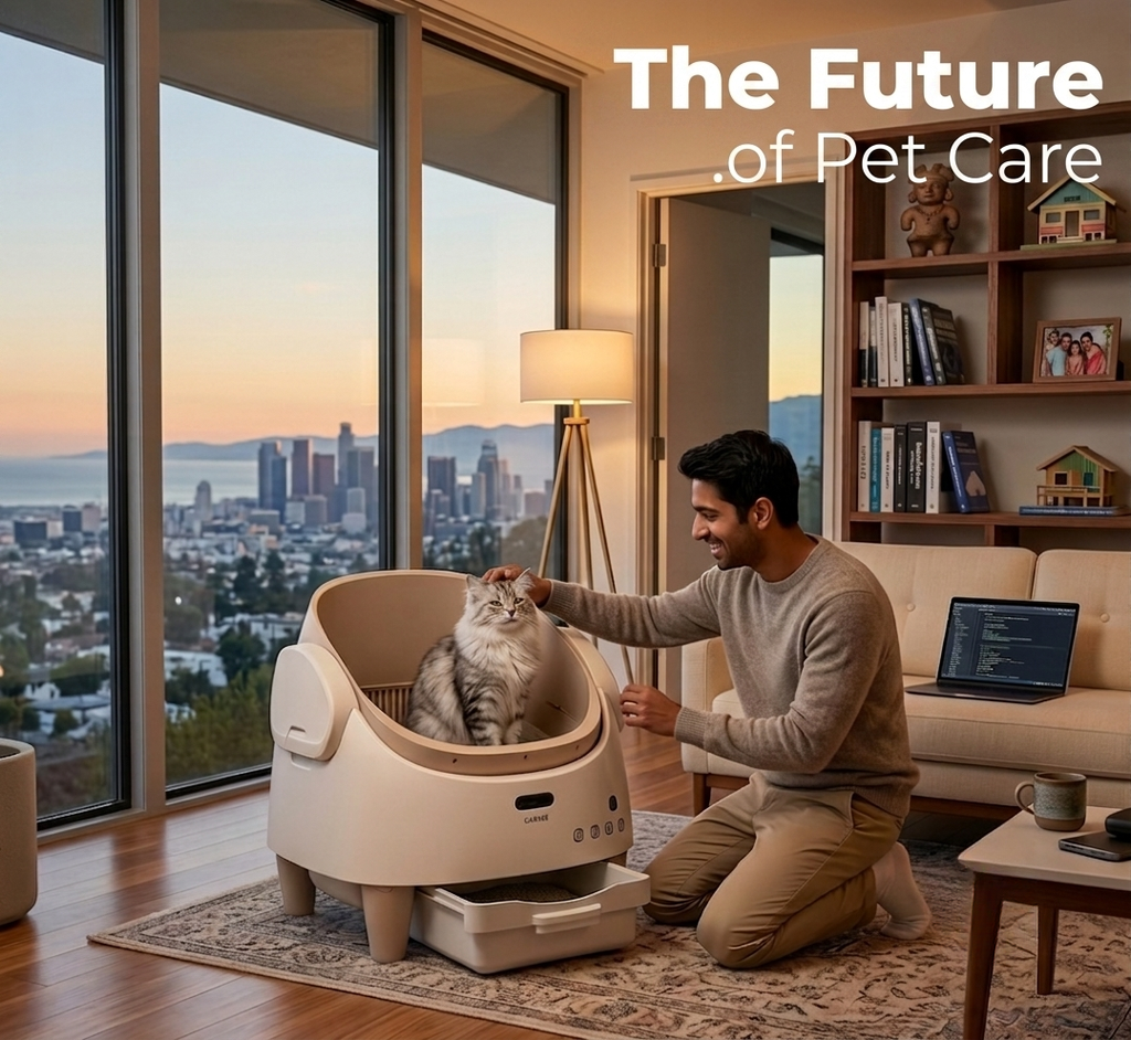 Person interacting with a pet in a modern living room with a cityscape view.
