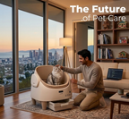 Person interacting with a pet in a modern living room with a cityscape view.