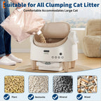 Cat litter disposal system with text indicating suitability for all clumping cat litter types.