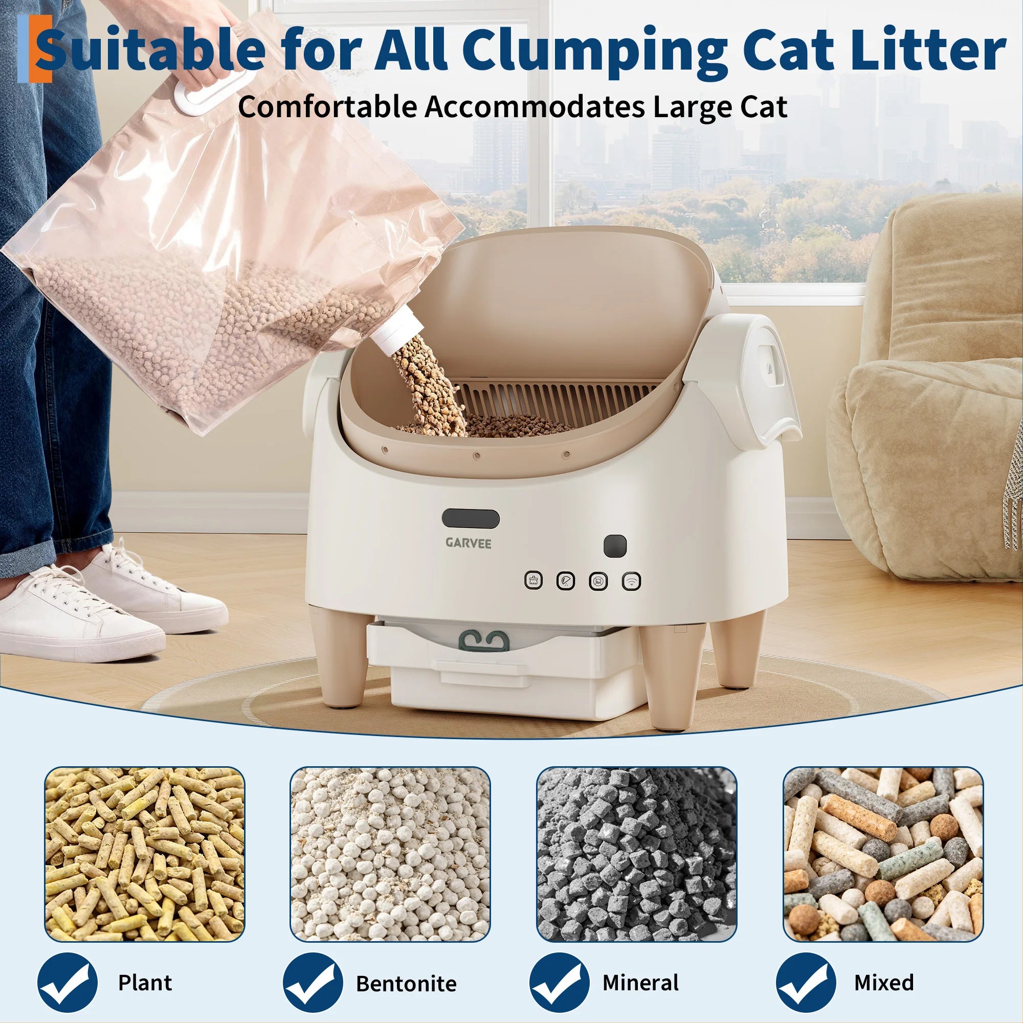 Cat litter disposal system with text indicating suitability for all clumping cat litter types.