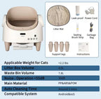 Cat litter box with features and specifications listed on a blue background