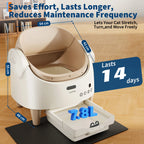 Pet litter box with dimensions and features on a wooden floor