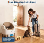 Woman with a suitcase and cat next to a pet litter box with text 'Stop Scooping, Let's Travel'.