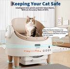 Cat sitting inside a pet safety machine with text about its features.