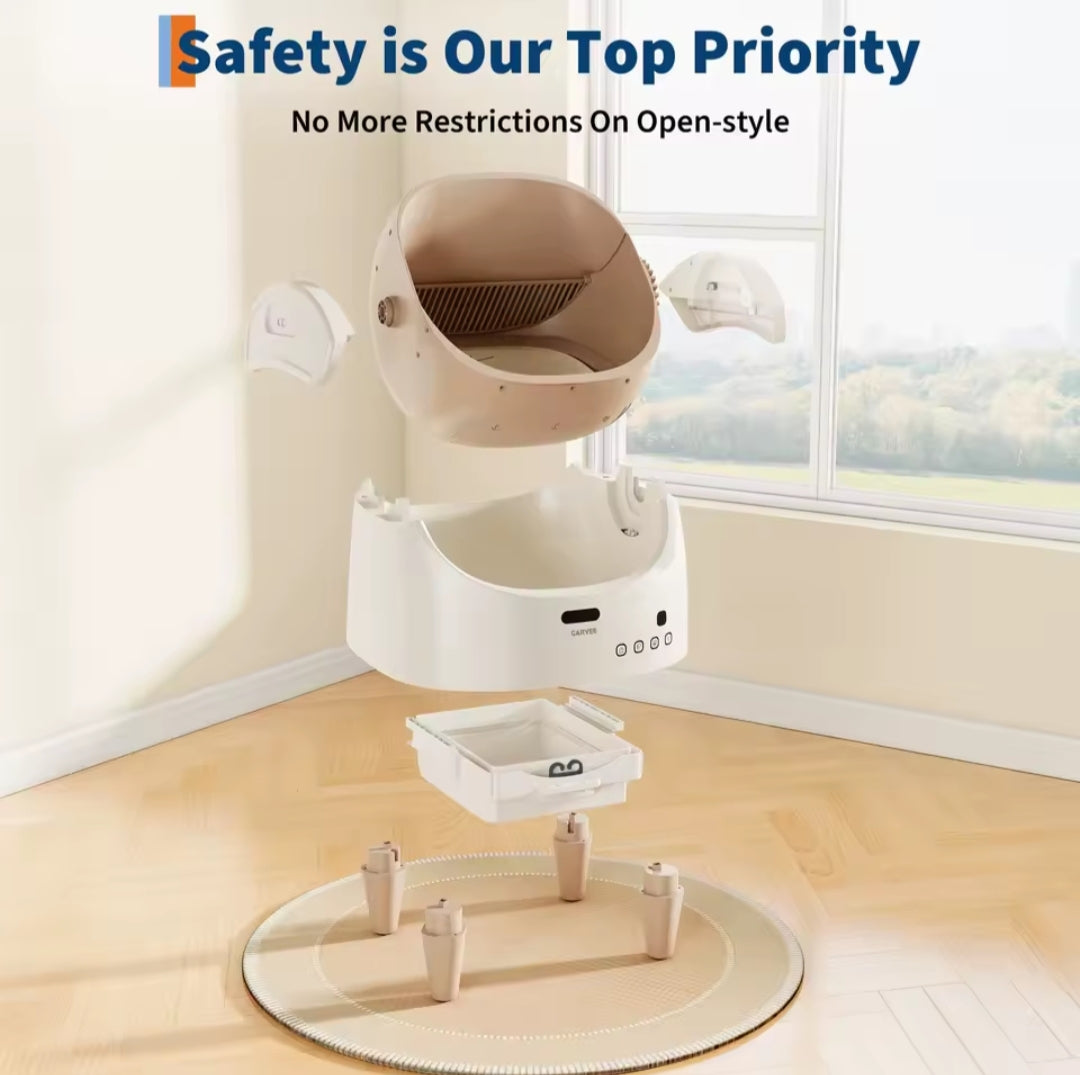 Pet sitting or climbing stand with safety message on a light wood floor.
