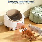Cat litter box with entryway infrared sensor in a room with two cats approaching.