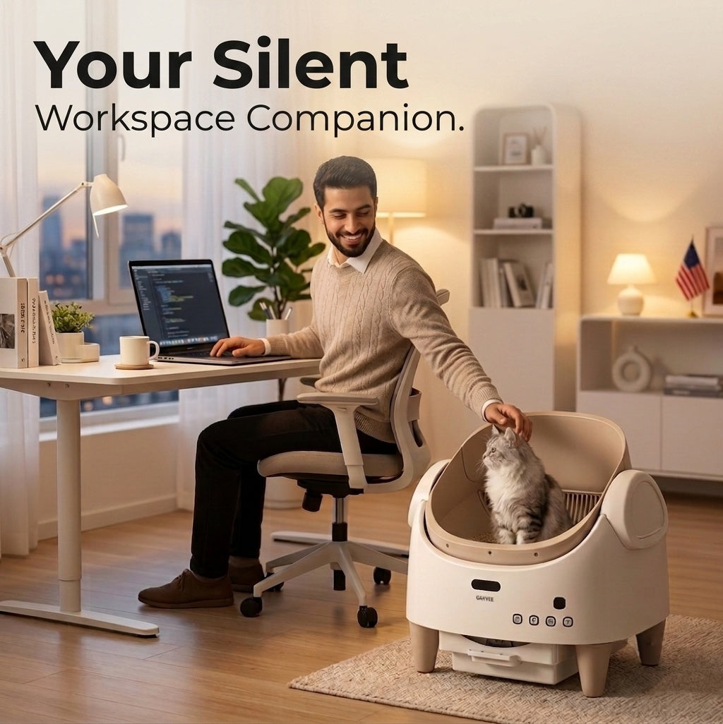 Man working at a desk with a cat in a pet carrier, text 'Your Silent Workspace Companion'.