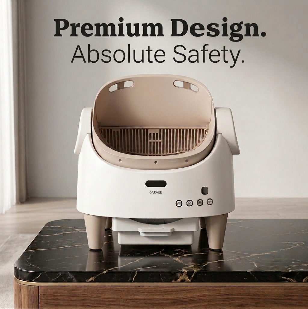 Cat litter box with 'Premium Design. Absolute Safety.' text on a marble surface.