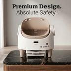 Cat litter box with 'Premium Design. Absolute Safety.' text on a marble surface.