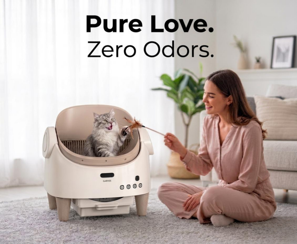 Woman interacting with a pet grooming machine in a home setting with text 'Pure Love. Zero Odors.'