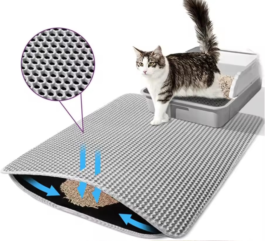 A gray cat litter mat with a raised textured surface, shown with a cat standing beside a litter box and a circular inset highlighting the pore texture. Blue arrows indicate waste redirection.