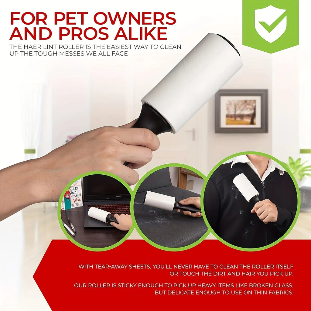 Haier Lint Roller being used in various scenarios with text highlighting its benefits for pet owners and professionals.