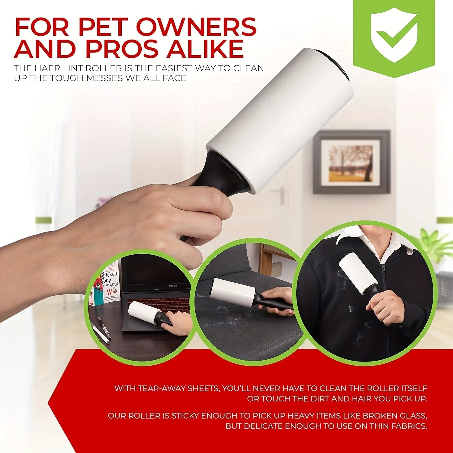 Haier Lint Roller being used in various scenarios with text highlighting its benefits for pet owners and professionals.