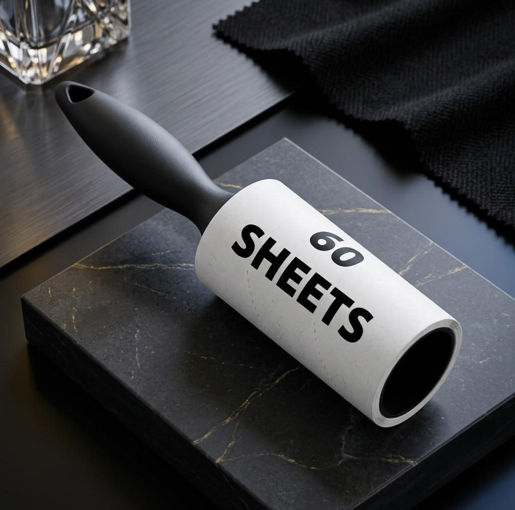 A lint roller with a black handle and a white body printed with the text '60 SHEETS', resting diagonally on a dark marble block.