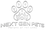 A 3D-rendered white paw print logo with circuit-like details, above the text 'NEXT GEN PETS' and 'FUTURE OF PET CARE' on a plain white background.