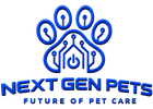 Blue 3D-style logo featuring a paw print with circuit-like lines and the text 'NEXT GEN PETS' and 'FUTURE OF PET CARE' on a white background.