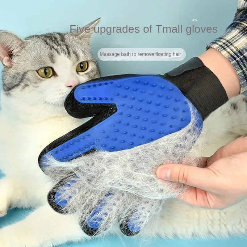 Pet grooming glove with collected hair next to a cat on a blue background