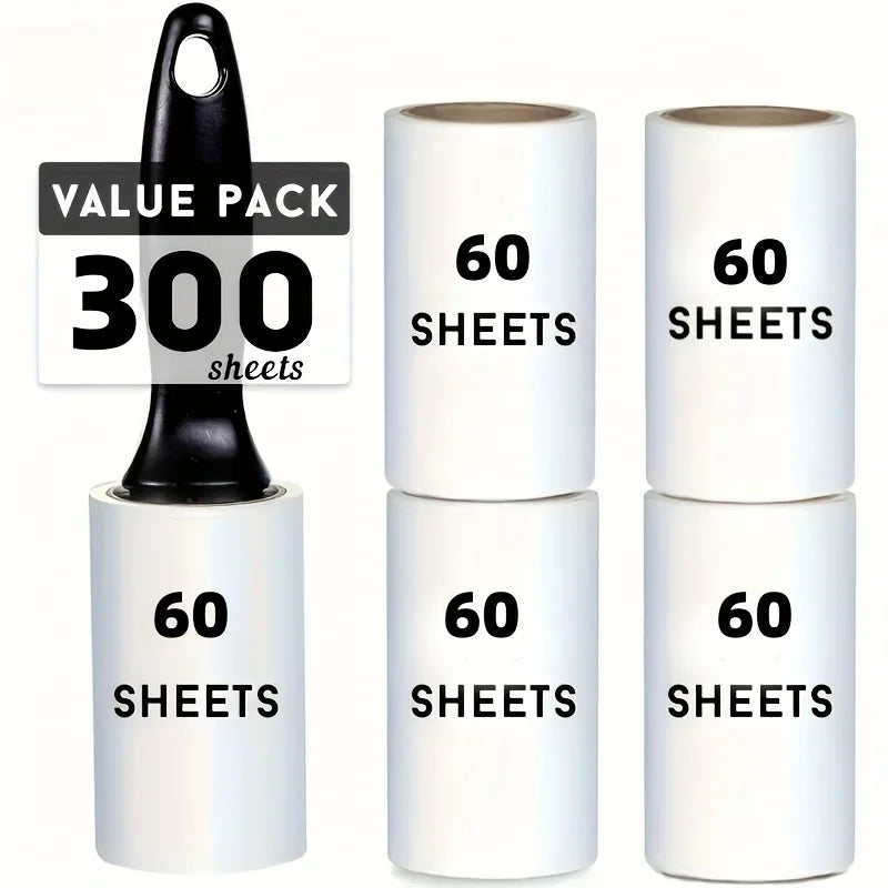 5 rollers of paper with labels indicating the number of sheets per roll, totaling 300 sheets.