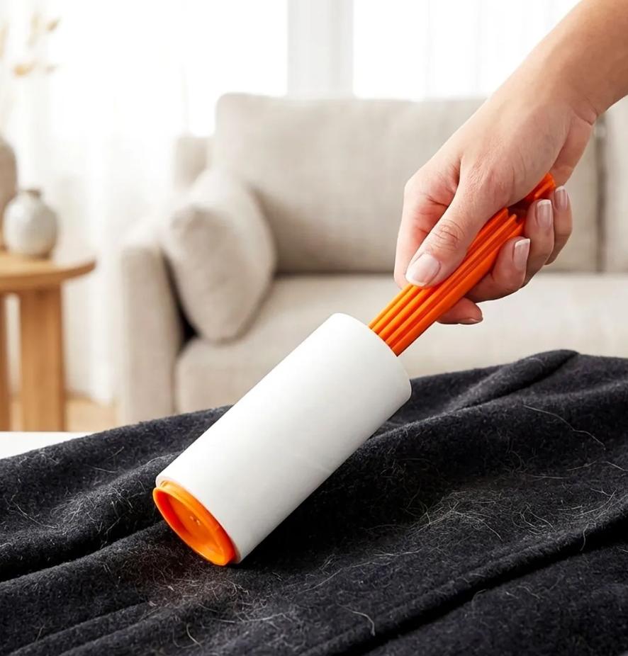 Person using a white and orange pet hair removal roller on a dark surface with a blurred living room background.
